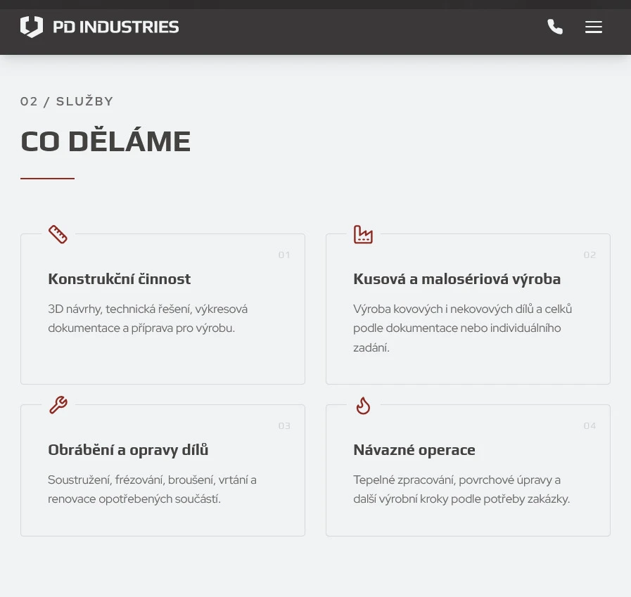 PD Industries website on a tablet in light mode