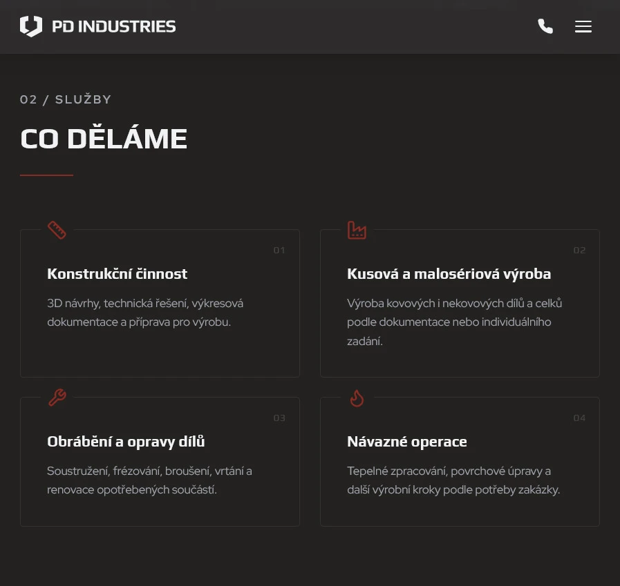 PD Industries website on a tablet in dark mode